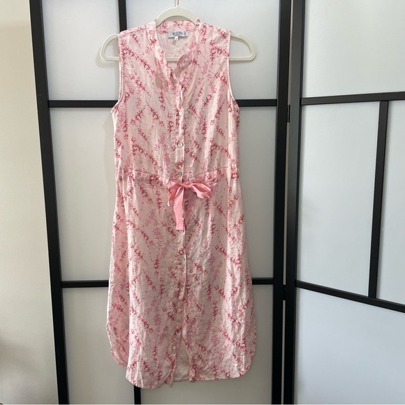 [XS] Allegra Masetti Pink White Cherry Blossom Print Sleeveless 100% Linen Dress - Picture 2 of 12